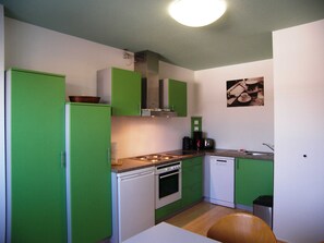 Une cuisine de taille réduite avec des meubles de couleur verte, une cuisinière, un lave-vaisselle et une machine à café.