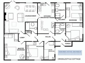Plano de planta de una vivienda para estancias cortas, con sala de estar y comedor, cocina, baño, dormitorio principal y habitación con literas.