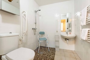 A bathroom with a toilet, a shower, a sink, and a chair.