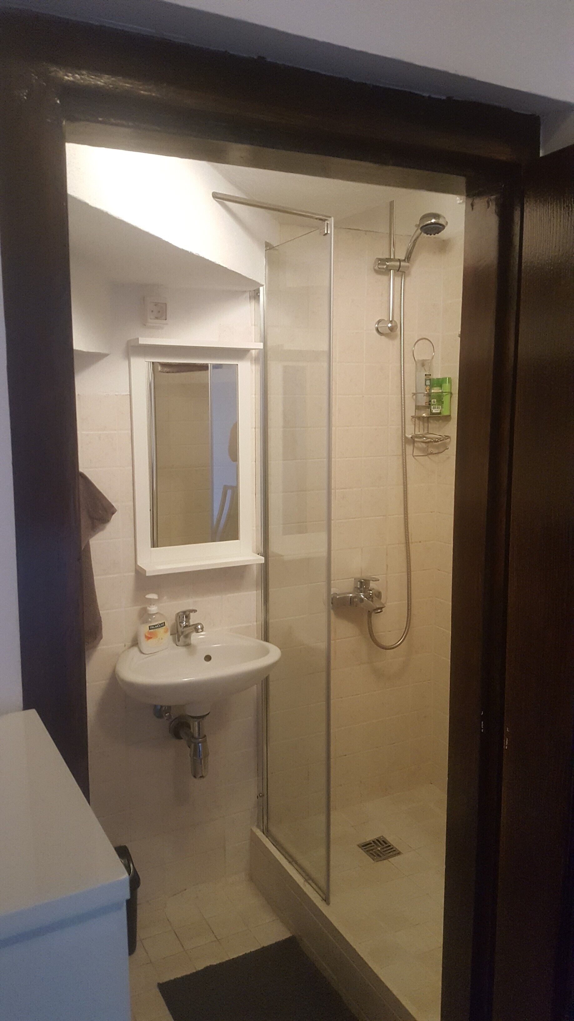 Un baño con ducha de vidrio, un lavamanos con espejo y una toalla colgada en la pared.