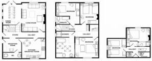 Trois plans dâĂ©tage de chambres dâhĂŽtel, avec indication des diffĂ©rentes zones, notamment les chambres, les salles de bain, les cuisines et les salons.