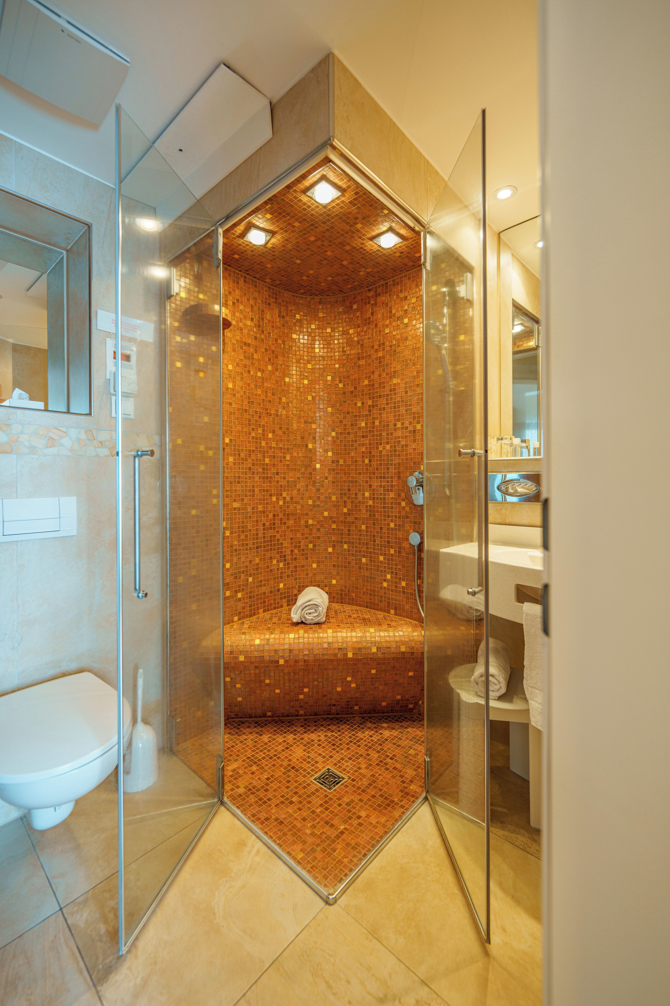 Een moderne badkamer met een douchecabine van glas, een zichtbaar toilet en een wastafel.