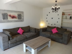 Smart TV, fireplace, DVD player, books