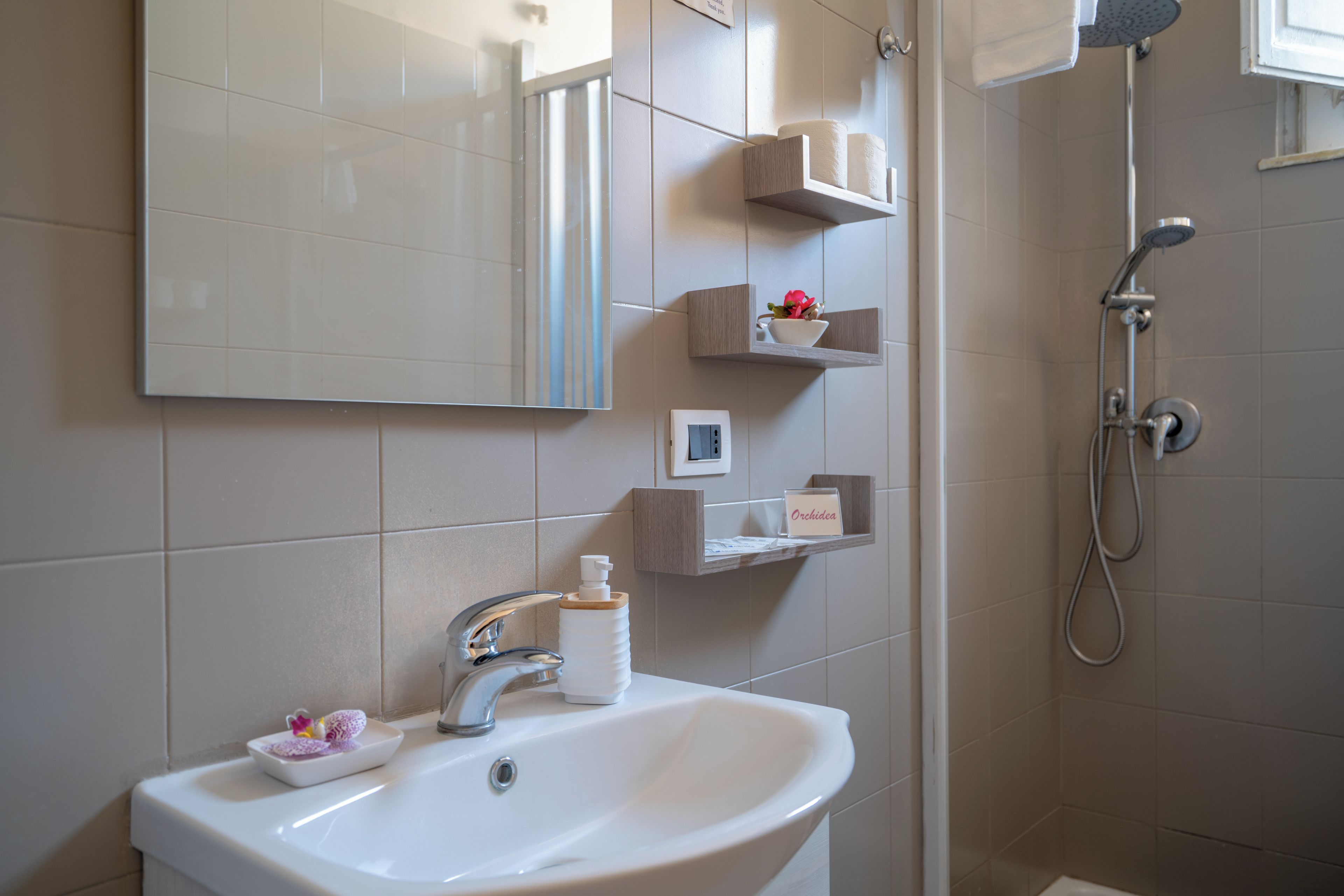 A bathroom with a sink, mirror, shelves with toiletries, and a shower.