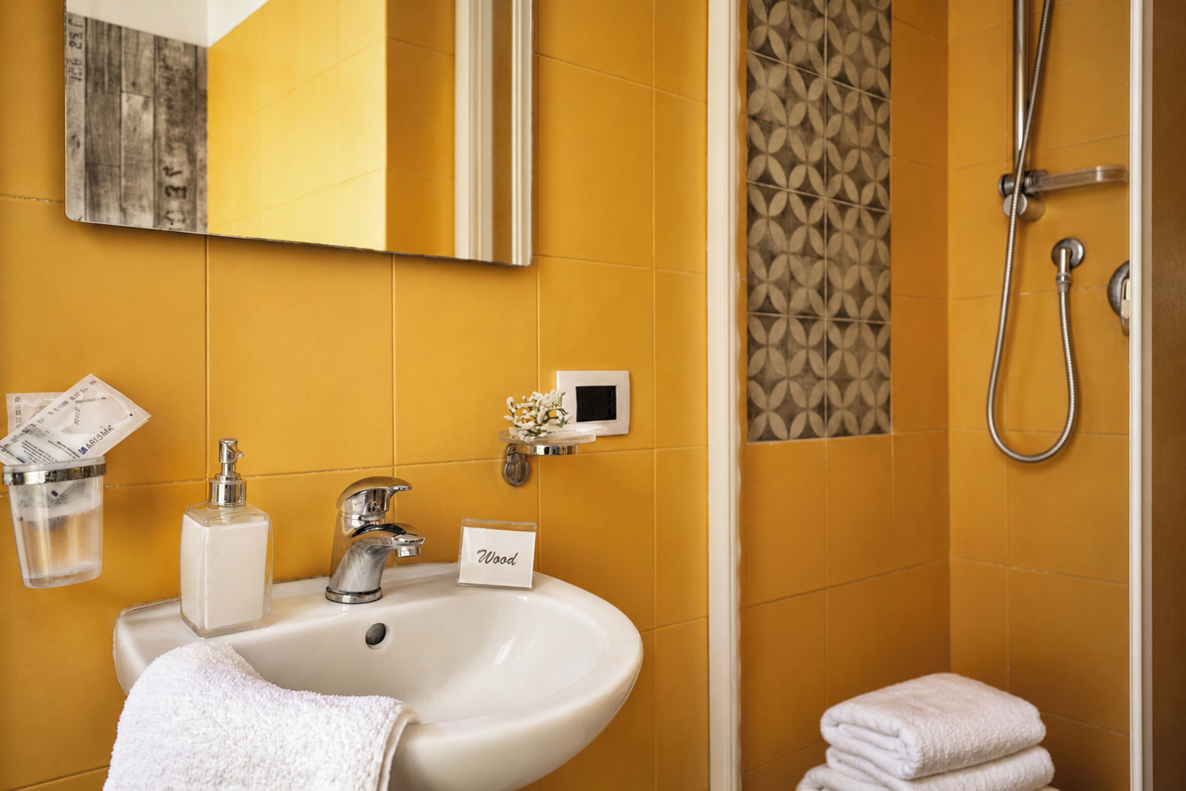 A bathroom with a sink, mirror, and shower.