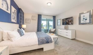 A modern bedroom with a large bed, a dresser, and a TV on the wall.