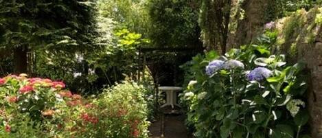 Un sendero en un jardín rodeado de abundante vegetación y plantas en flor.
