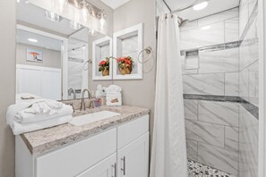 Shower, hair dryer, towels - Pelican Walk 703 Modern Coastal Gulf Front Condo! (Panama City Beach)