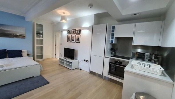 Eine moderne Wohnung mit Schlafzimmer, Wohnbereich und Küchenzeile.