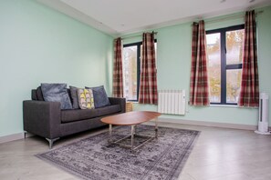A living room with a grey sofa, a wooden coffee table, and a patterned rug. There are two windows with plaid curtains and a radiator on the wall.