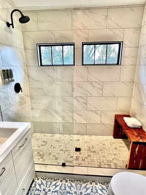 Shower, hair dryer, towels