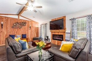 Smart TV, fireplace, books