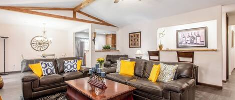 Smart TV, fireplace, books
