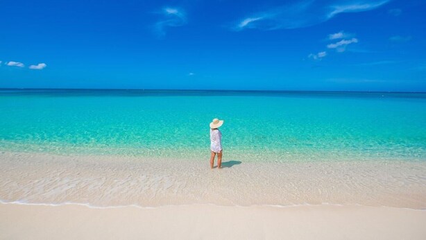 A person standing on a sandy beach with clear turquoise water and a clear blue sky.