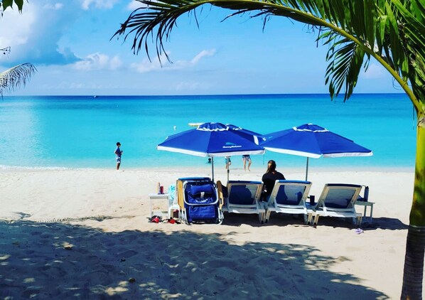 On the beach, sun-loungers, beach umbrellas, beach towels