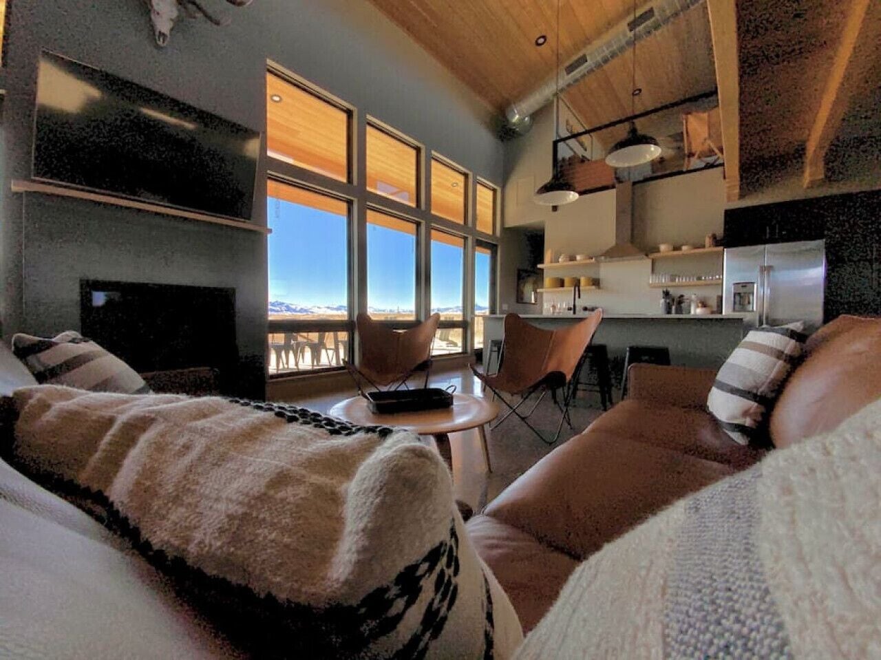 Smart TV, fireplace, books, stereo
