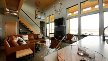 Smart TV, chimenea, libros y estéreo