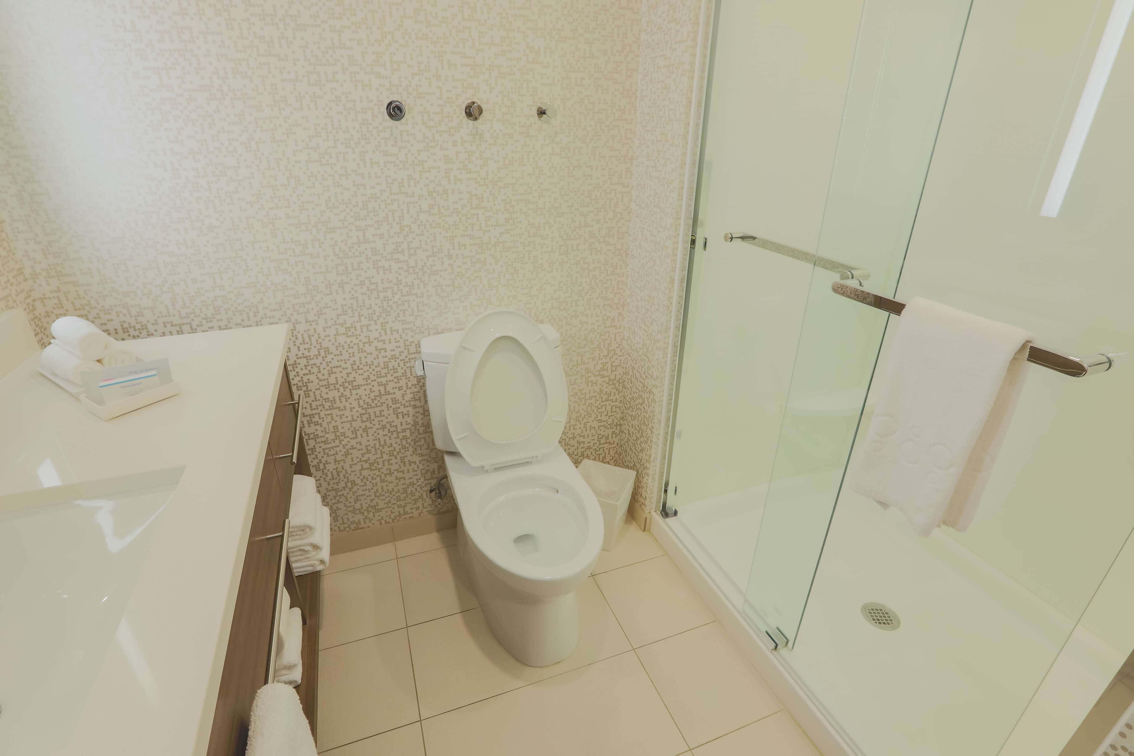 Un bagno moderno con il water, una cabina doccia in vetro e un lavandino bianco.