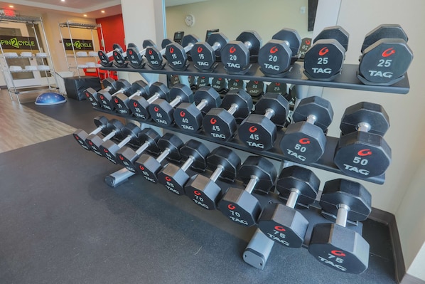 Une salle de sport équipée de plusieurs rangées de haltères, chacun étant étiqueté avec son poids, allant de 5 kg à 75 kg.