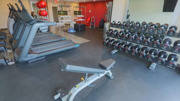 A gym with treadmills, a bench, and a rack of dumbbells.
