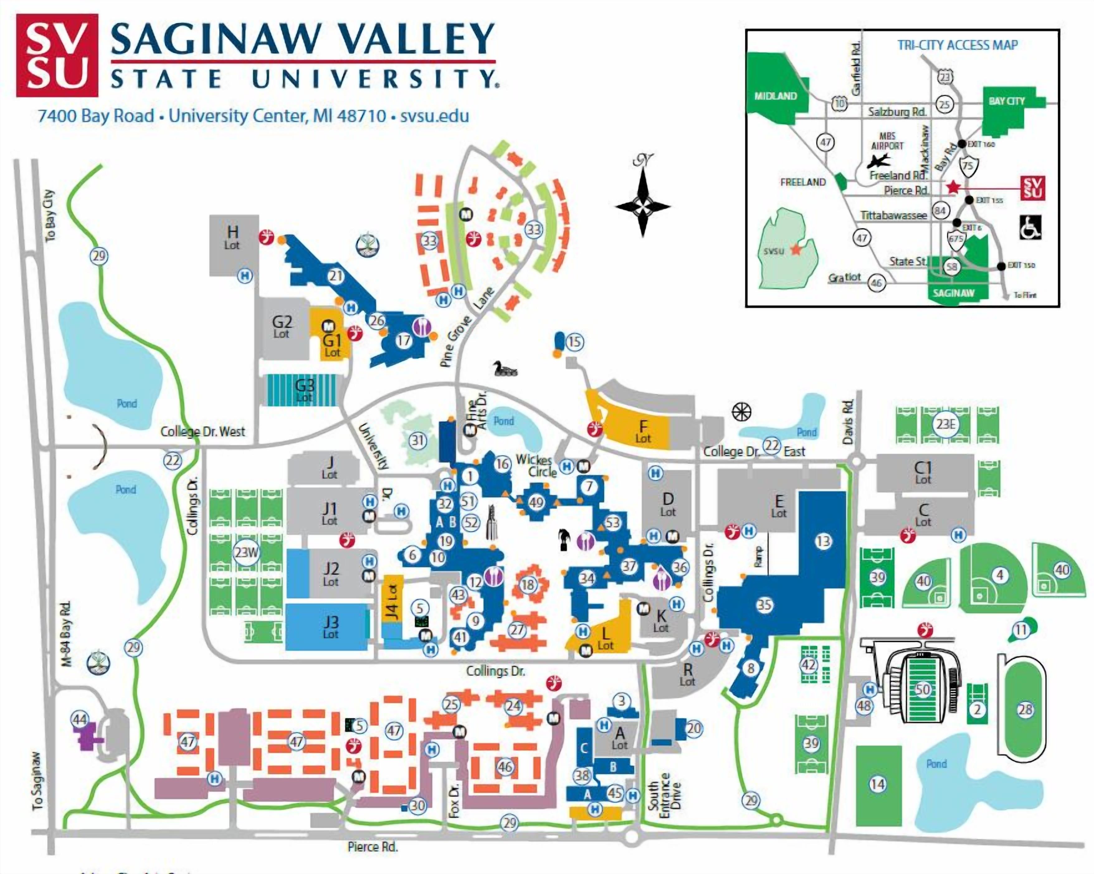 Saginaw Valley State Universityn kampusalueen kartta, jossa on esitettynä eri rakennuksia, teitä ja maamerkkejä.