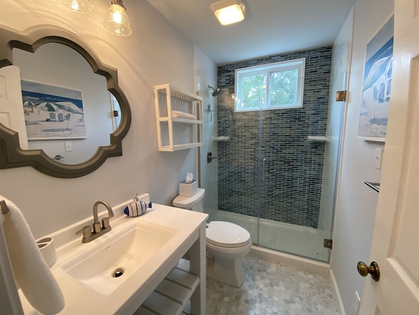 Combined shower/tub, towels, toilet paper