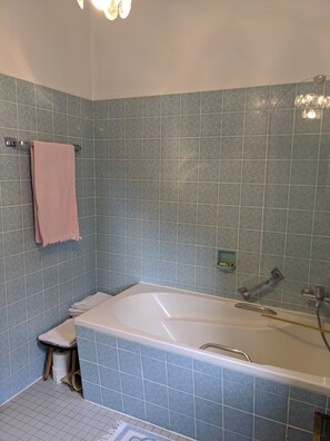 Combined shower/bathtub, towels, soap, shampoo