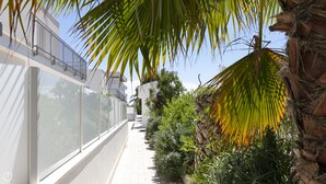 A modern building with a glass facade, a balcony, and a pathway lined with tropical plants. - Rivazzurra Homes - 52 (Termoli)
