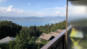 Un balcón con vistas a un lago y montañas distantes.
