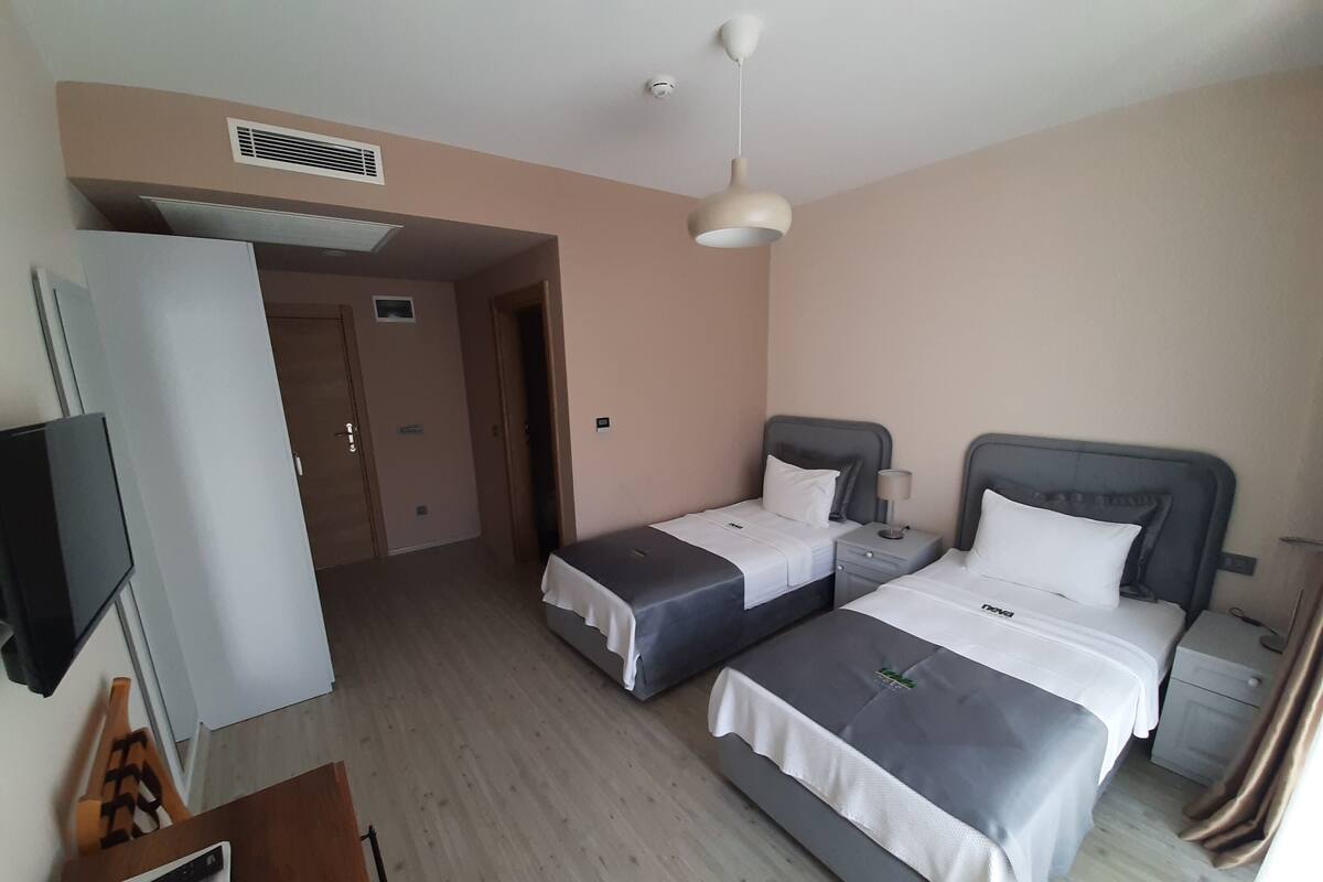 A hotel room with two beds, a TV, a desk, and a wardrobe.