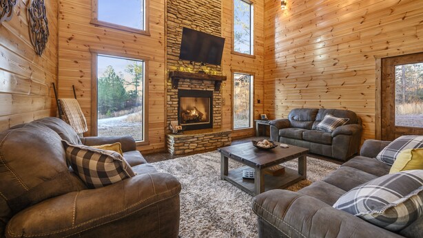 L’intérieur chaleureux d’un chalet en bois, avec une cheminée en pierre, des canapés en cuir et de grandes fenêtres offrant une vue sur la forêt environnante.