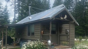 A rustic cabin with a metal roof, a porch, and a mailbox. - Homestead Living at Lake Wenatchee (Leavenworth)