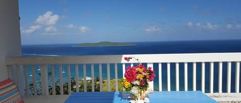 A balcony with a table and a vase of flowers, overlooking a coastal view with the ocean and a distant island.