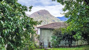 Une maison de campagne avec un toit en tuiles, entourée d’une végétation luxuriante et avec une montagne en arrière-plan.