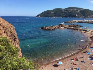 On the beach, sun-loungers, beach towels