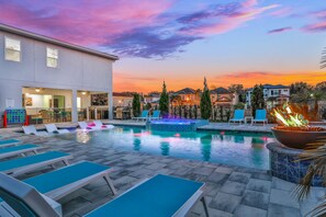A heated pool, pool loungers