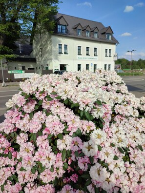 Un edificio de hotel con un cartel que dice "Hotel Stadt Olbernhau" y una gran exhibición de flores rosadas y blancas en la fachada.