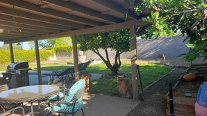 Un patio couvert avec une table ronde et des chaises, un barbecue et un jardin agrémenté d’arbres et d’un potager où l’on cultive des courges.