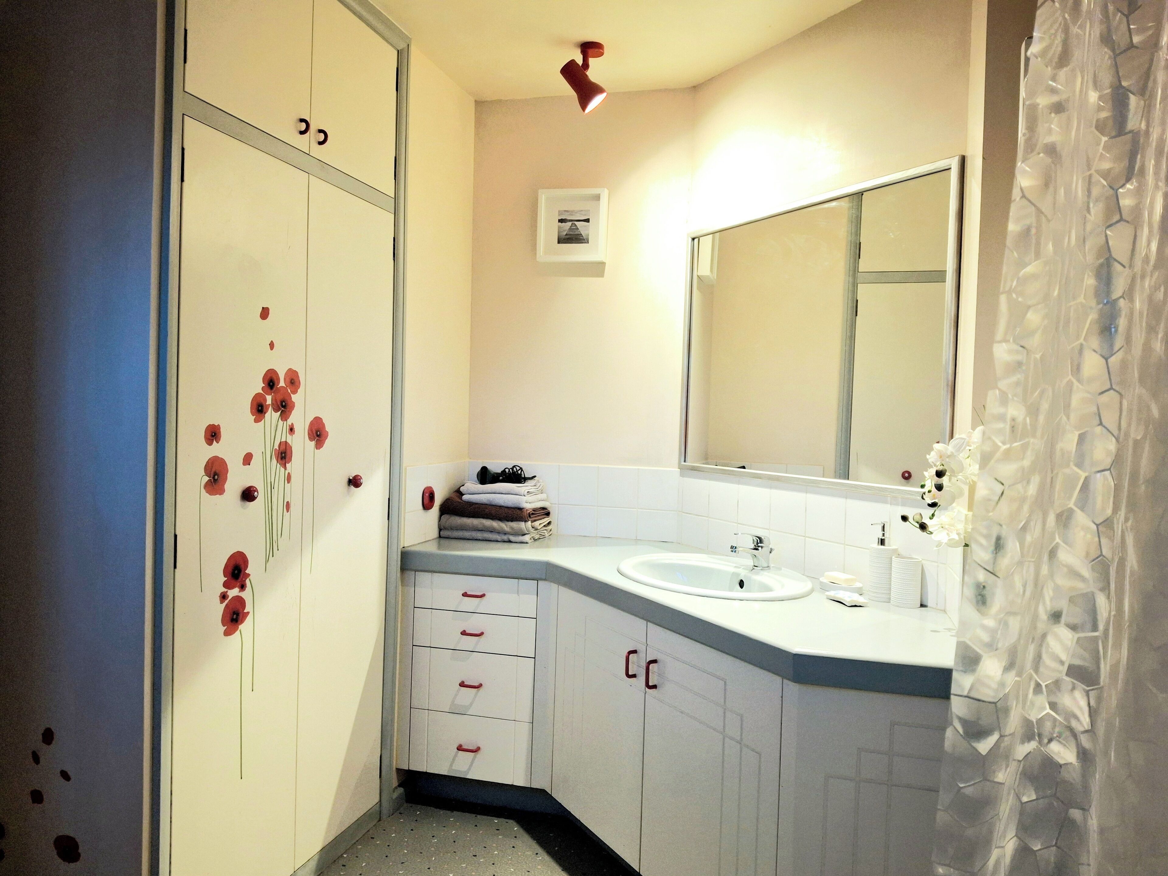A bathroom with a white sink, a mirror, and a door with red handles.