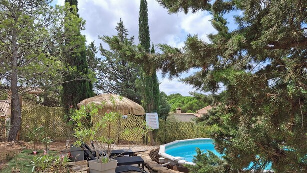 Un espace piscine doté de chaises longues et d’un jacuzzi, entouré d’arbres et d’une structure à toit de chaume.