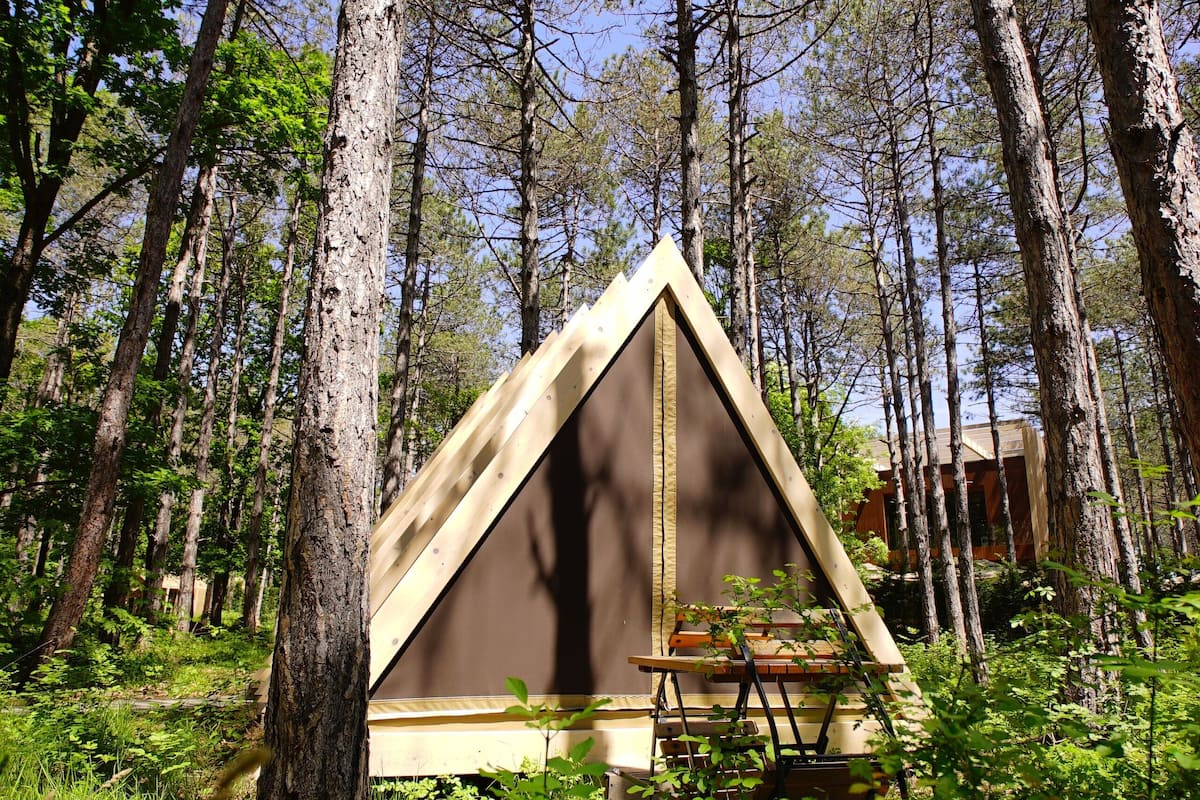 A triangular wooden cabin in a forest with a clear sky.