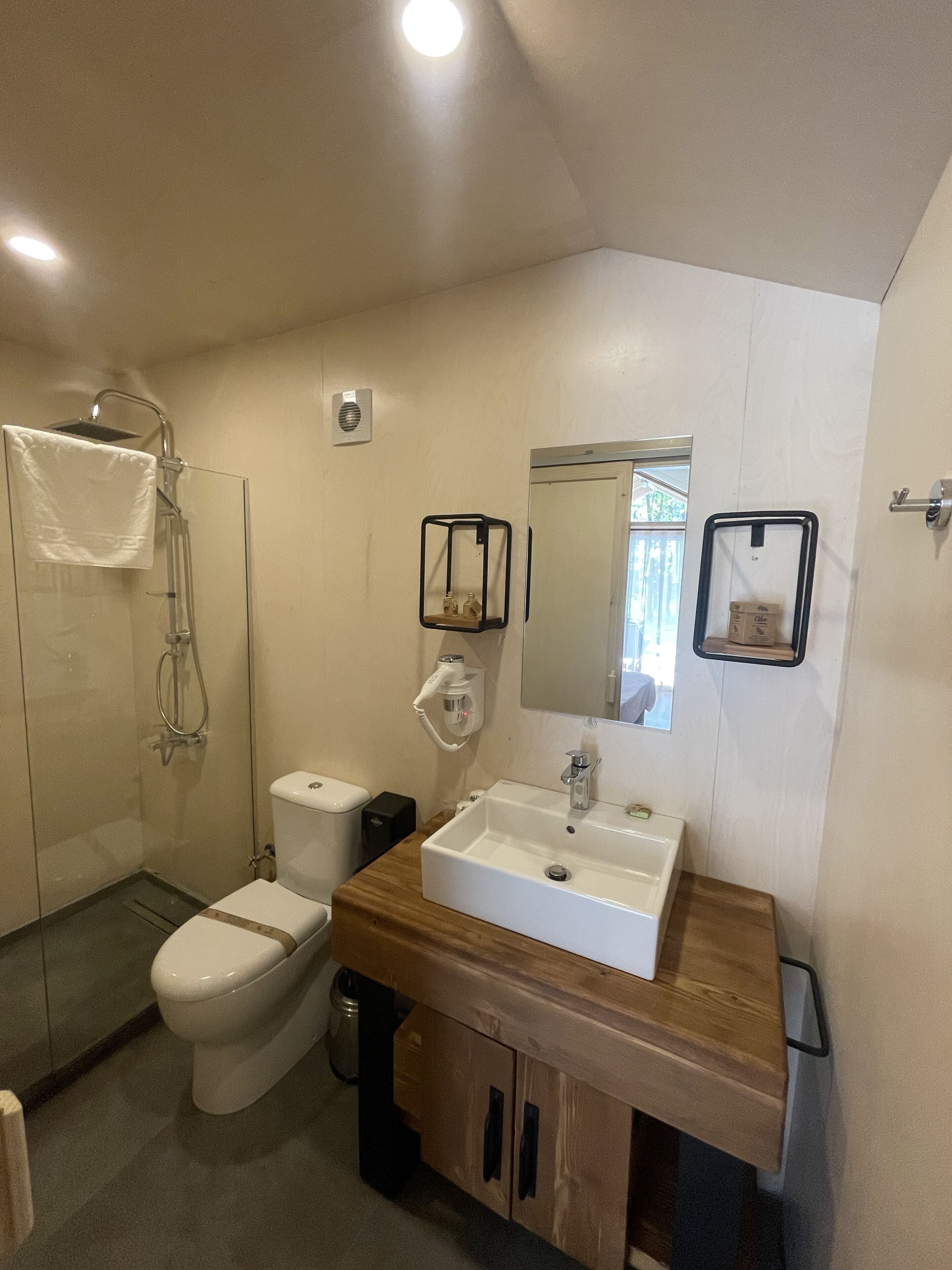 Ein modernes Badezimmer mit Duschkabine aus Glas, einer weißen Toilette, einem Holzwaschtisch mit Waschbecken und einem Spiegel.