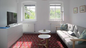 Una sala de estar moderna con un sofá, un televisor, dos ventanas, un radiador y suelo estampado.
