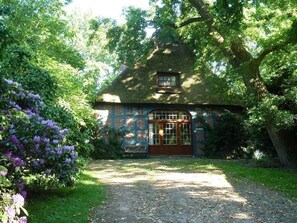 Een landelijke woning met rieten dak, omgeven door weelderige begroeiing en bloeiende planten.