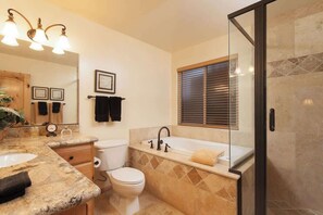 Combined shower/tub, hair dryer, towels, shampoo