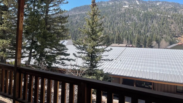 A view from a wooden balcony overlooking a forested mountain area with a building with a metal roof. - Jayhawk Cottage - 5 bedroom, in town, WIFI (Red River)