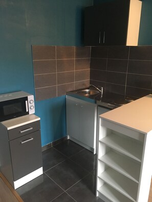 Fridge, microwave, stovetop, coffee/tea maker