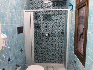 Shower, hair dryer, bidet, towels