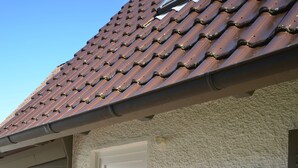 Ein Haus mit Ziegeldach, einer weißen Tür und zwei Blumentöpfen.