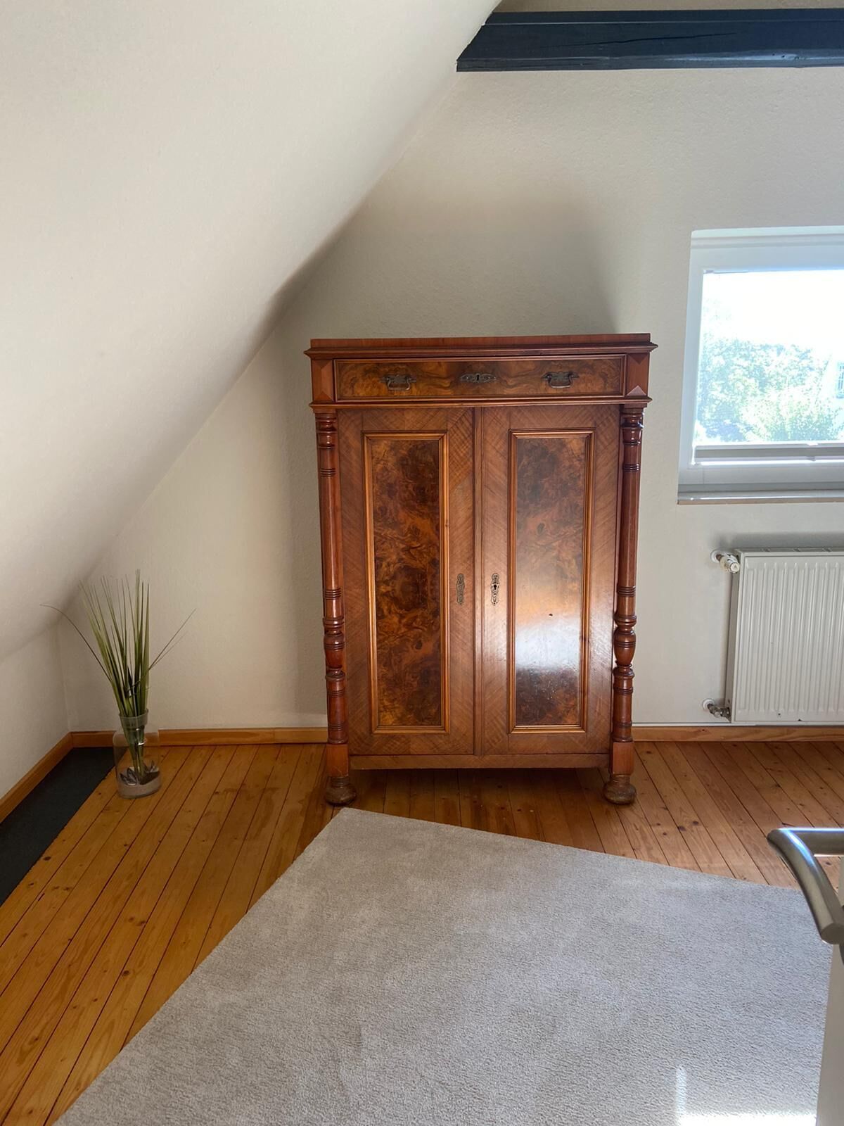 Un armario de madera con dos puertas y una planta pequeña a su lado.